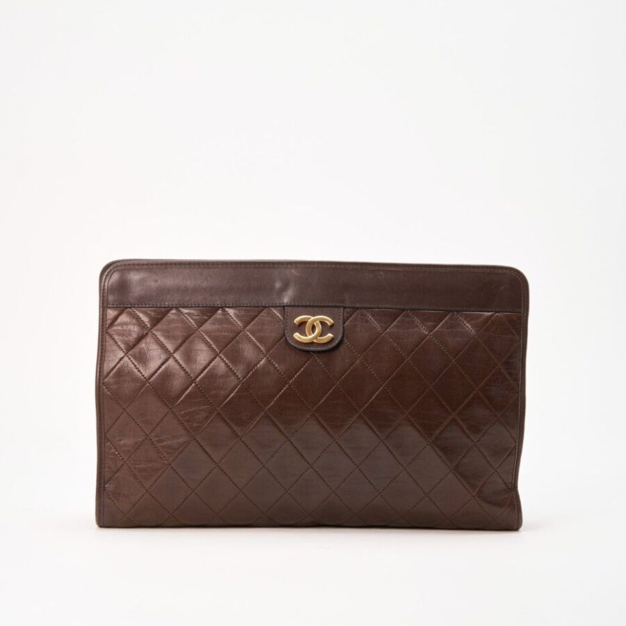 Chanel Brown Leather Clutch Bag With 24K Gold Plated Hardware | Studio Nafay