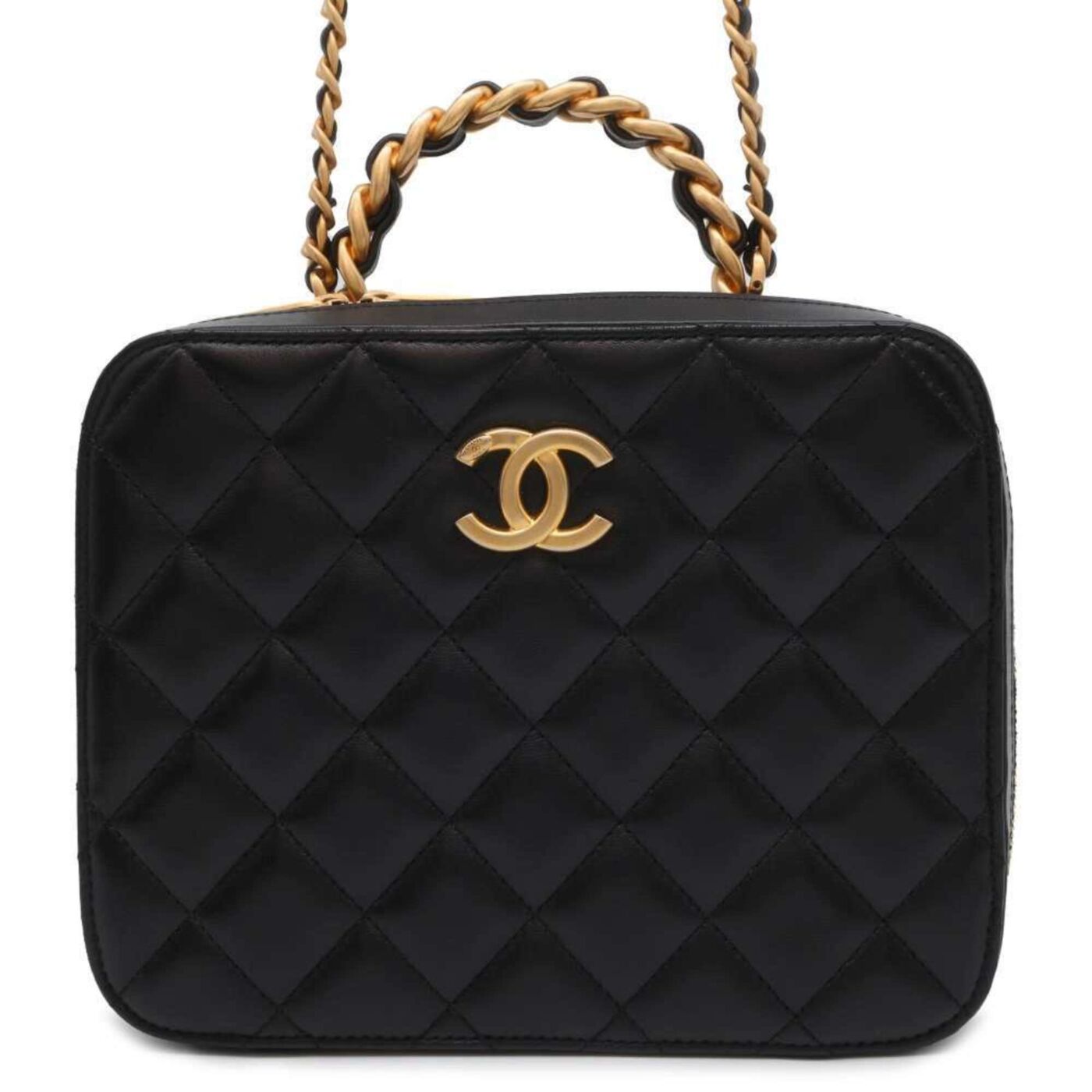 Chanel Chain Shoulder Bag Coco Mark Matelasse Vanity Lambskin Black | Studio Nafay