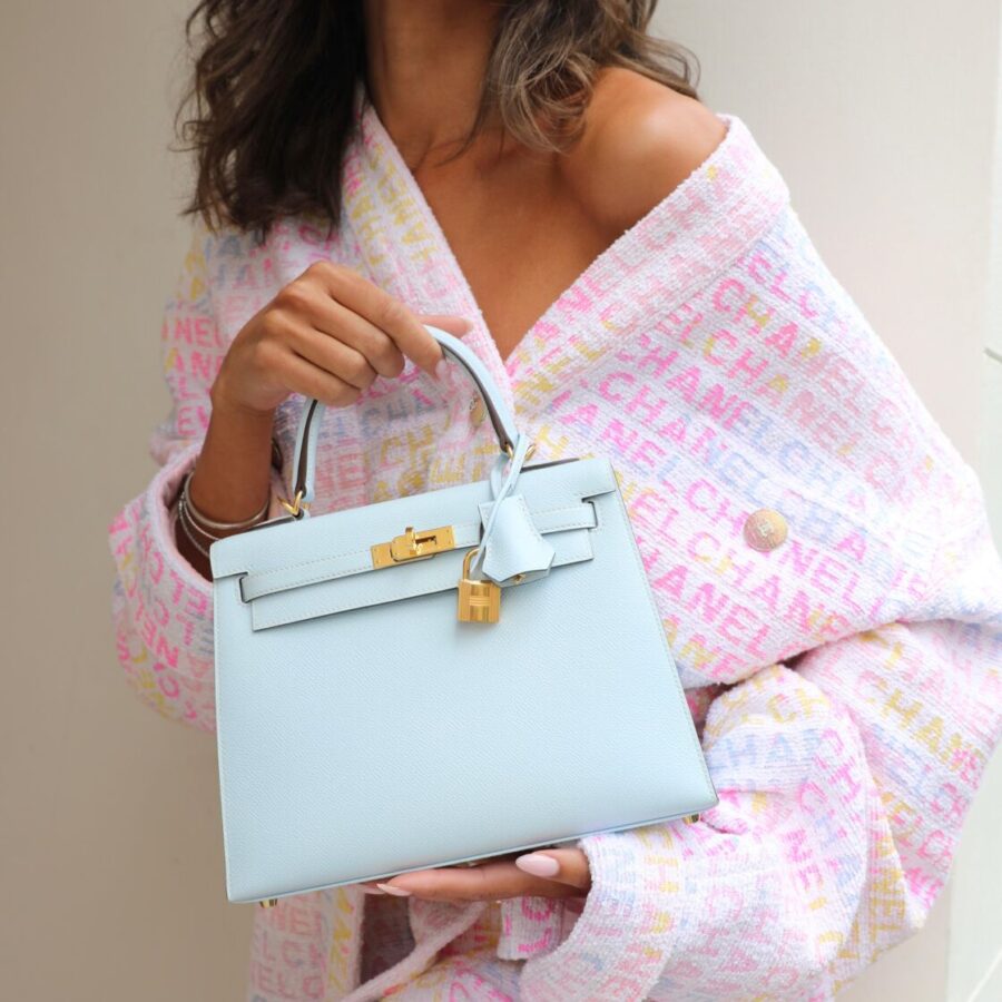 Hermes Kelly 25 Sellier Bag in Bleu Brume Epsom Leather with Gold Hardware | Studio Nafay