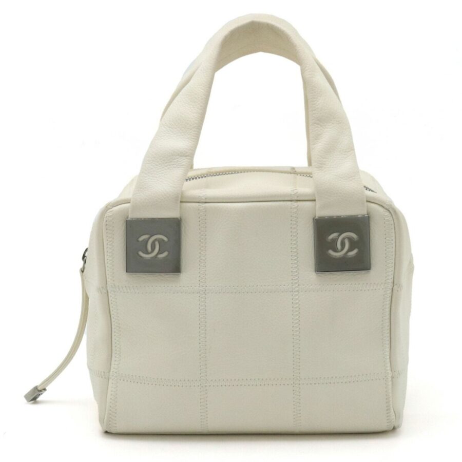 CHANEL Chocolate Bar Coco Mark Handbag Boston Bag Leather White | Studio Nafay