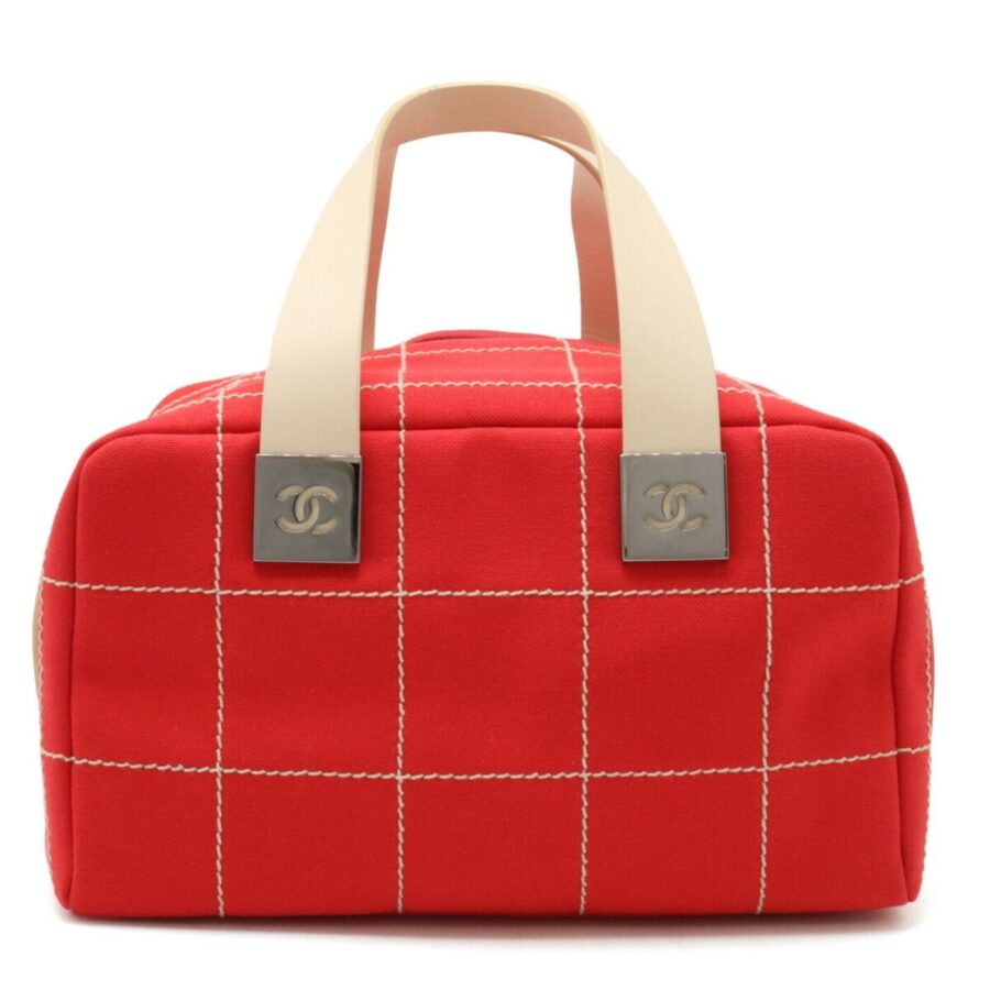 CHANEL Chocolate Bar Coco Mark Handbag Boston Bag Canvas Red Light Beige | Studio Nafay