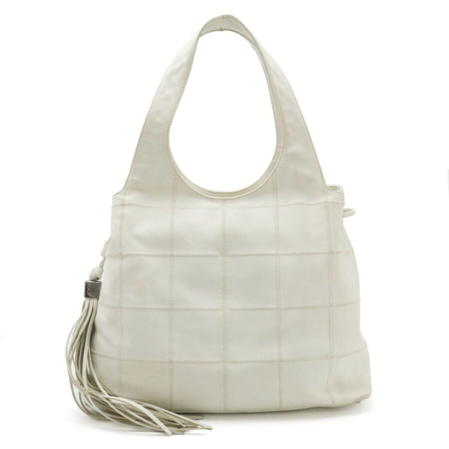 CHANEL Chocolate Bar Tote Bag Shoulder Tassel Leather White | Studio Nafay