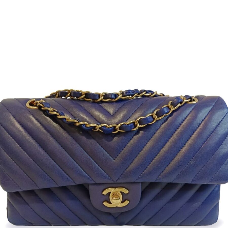 CHANEL CLASSIC DOUBLE FLAP (2122xxxx) MEDIUM BLUE CHEVRON LAMBSKIN GOLD HARDWARE, WITH, NO DUST COVER | Studio Nafay