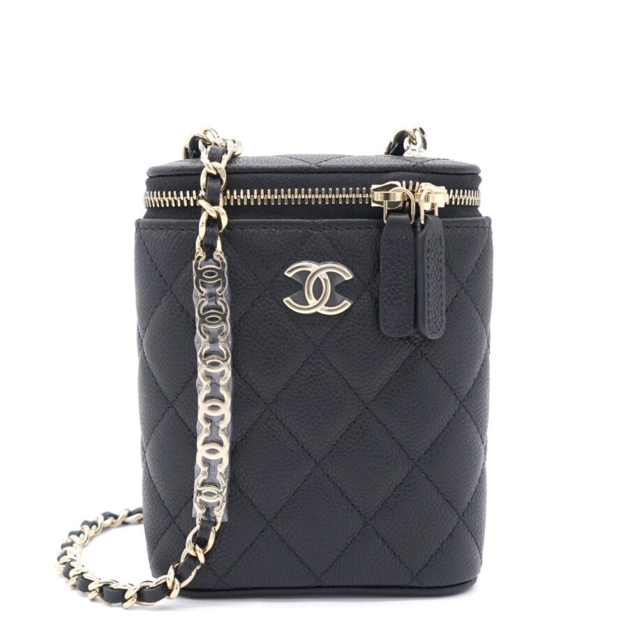 Chanel Caviar Quilted Small Vertical Coco Beauty Vanity Case With Chain Black | Studio Nafay