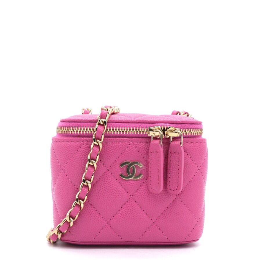 Chanel Caviar Quilted Small Vertical Coco Beauty Vanity Case With Chain Pink | Studio Nafay