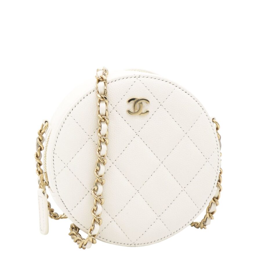 Chanel Caviar Quilted Round Clutch with Chain White | Studio Nafay