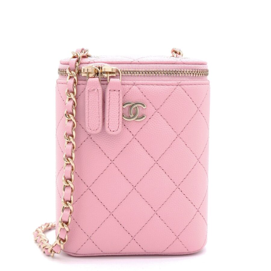 Chanel Caviar Quilted Small Vertical Coco Beauty Vanity Case With Chain Pink Sakura | Studio Nafay