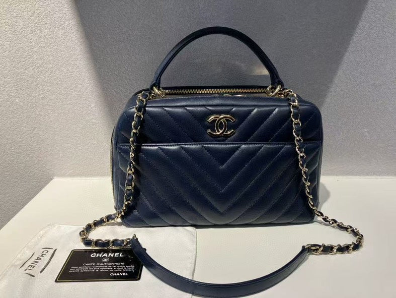 Chanel Chevron Navy Blue Leather Shoulder Bag | Studio Nafay