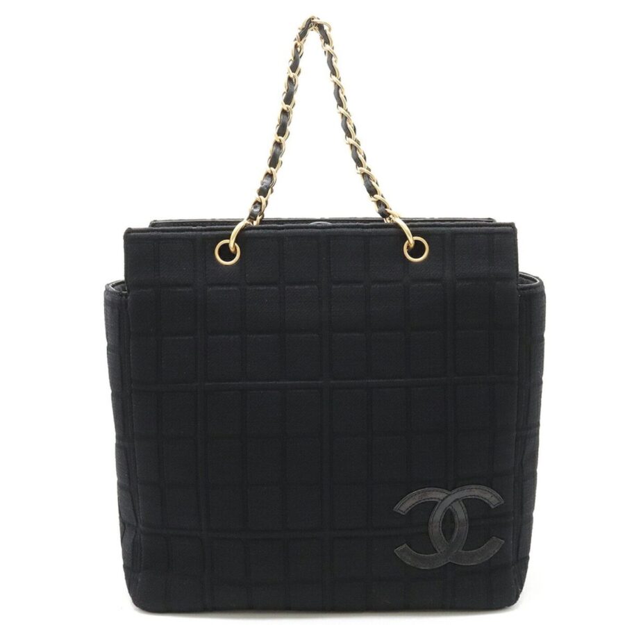 CHANEL Chocolate Bar Coco Mark Chain Tote Bag Shoulder Cotton Jersey Leather Black | Studio Nafay