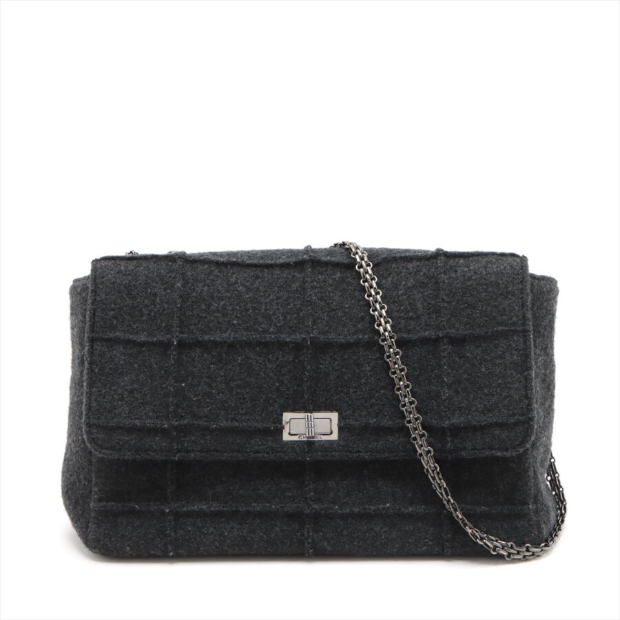 Chanel Chocolate Bar Wool Single Flap Double Chain Bag 2.55 Black Silver Gold 5th | Studio Nafay
