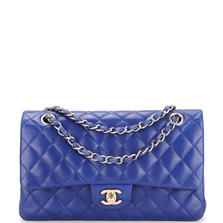CHANEL CLASSIC DOUBLE FLAP (1813xxxx) MEDIUM BLUE LAMBSKIN LIGHT GOLD HARDWARE, WITH, NO DUST COVER | Studio Nafay