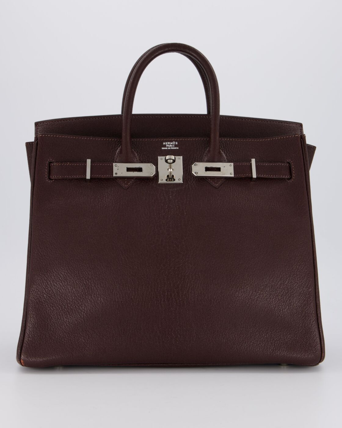 *RARE* Hermes HAC 32 Bag in Chocolat Chèvre Mysore Pelle con Palladium Hardware