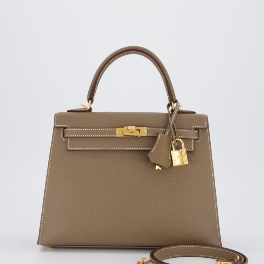 Hermes Kelly 25 Sellier in Etoupe Epsom Leather with Gold Hardware | Studio Nafay