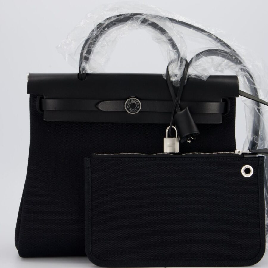 Hermes Herbag 31 Laque Zip Bag in Noir Toile Militaire Canvas, Noir Vache Hunter Leather with Palladium & Noir Hardware | Studio Nafay