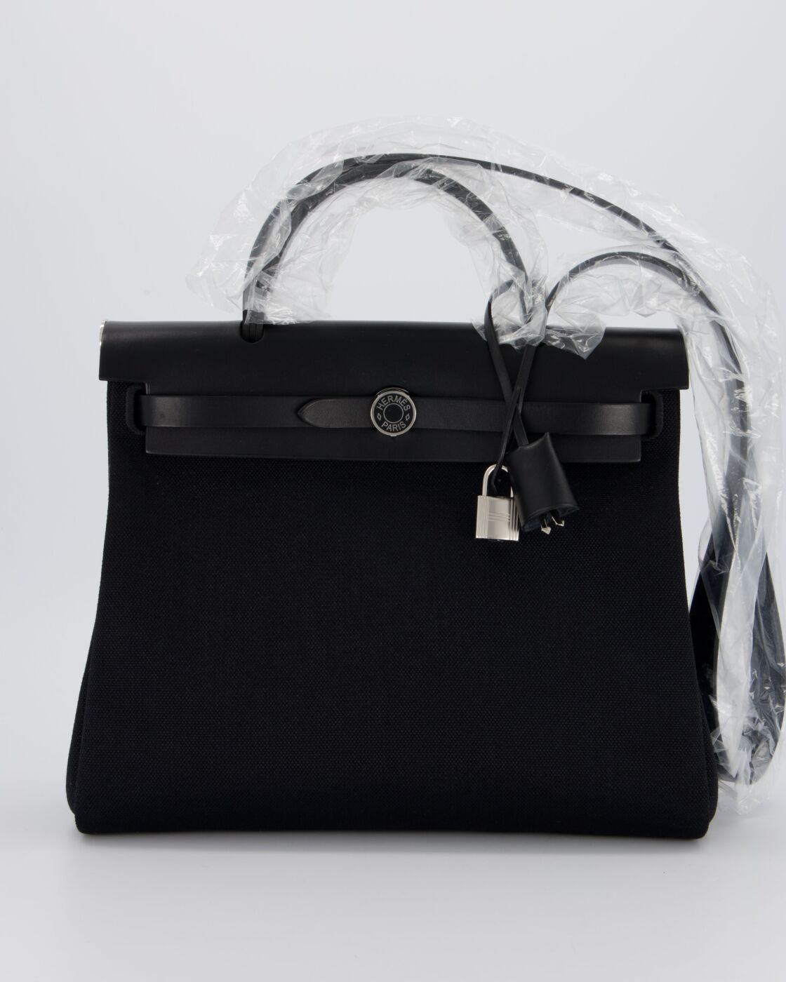 Hermes Herbag 31 Laque Zip Bag in Noir Toile Militaire Canvas, Noir Vache Hunter Leather with Palladium & Noir Hardware