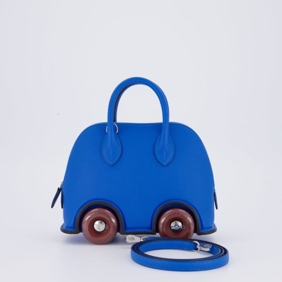 *SUPER RARE & HOT* Hermes Mini Bolide on Wheels Bag in Bleu Hydra Epsom Leather with Rouge H Wheels and Palladium Hardware | Studio Nafay