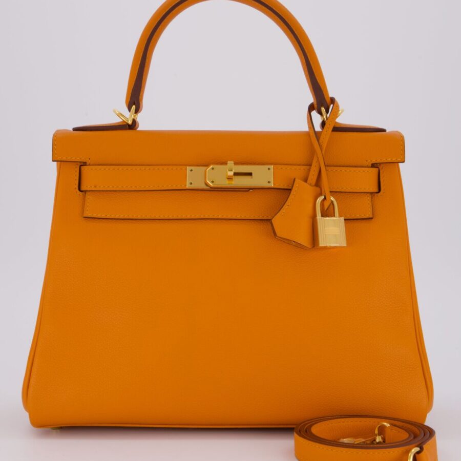 Hermes Kelly 28 Retourne Bag in Abricot Evercolor Leather with Gold Hardware | Studio Nafay