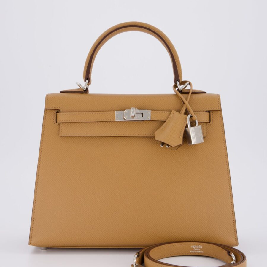 Hermes Kelly 25 Sellier Bag in Biscuit Epsom Leather with Palladium Hardware | Studio Nafay