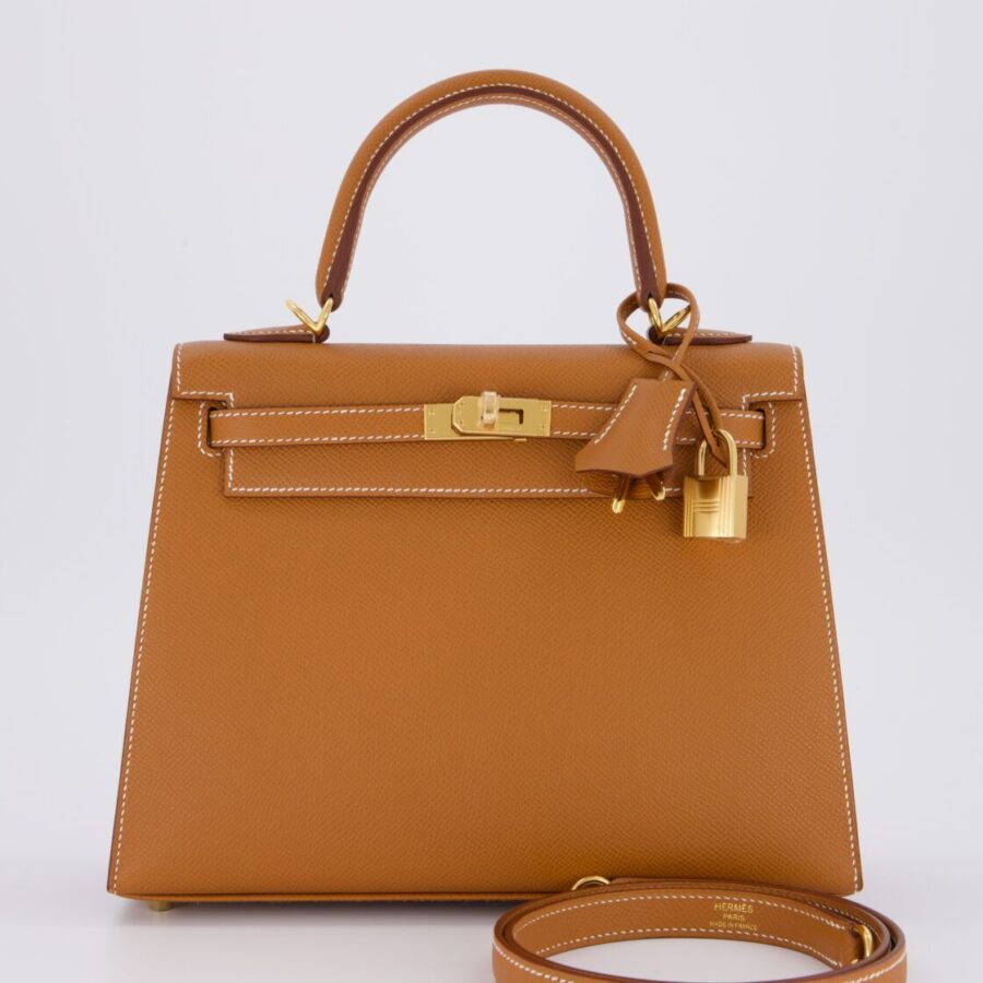 Hermes Kelly 25 Sellier Bag in Gold Epsom Leather with Gold Hardware | Studio Nafay