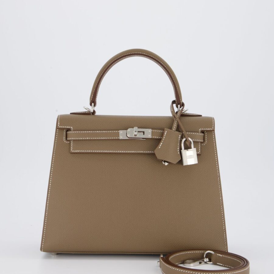Hermes Kelly 25 Sellier Bag in Etoupe Epsom Leather with Palladium Hardware | Studio Nafay