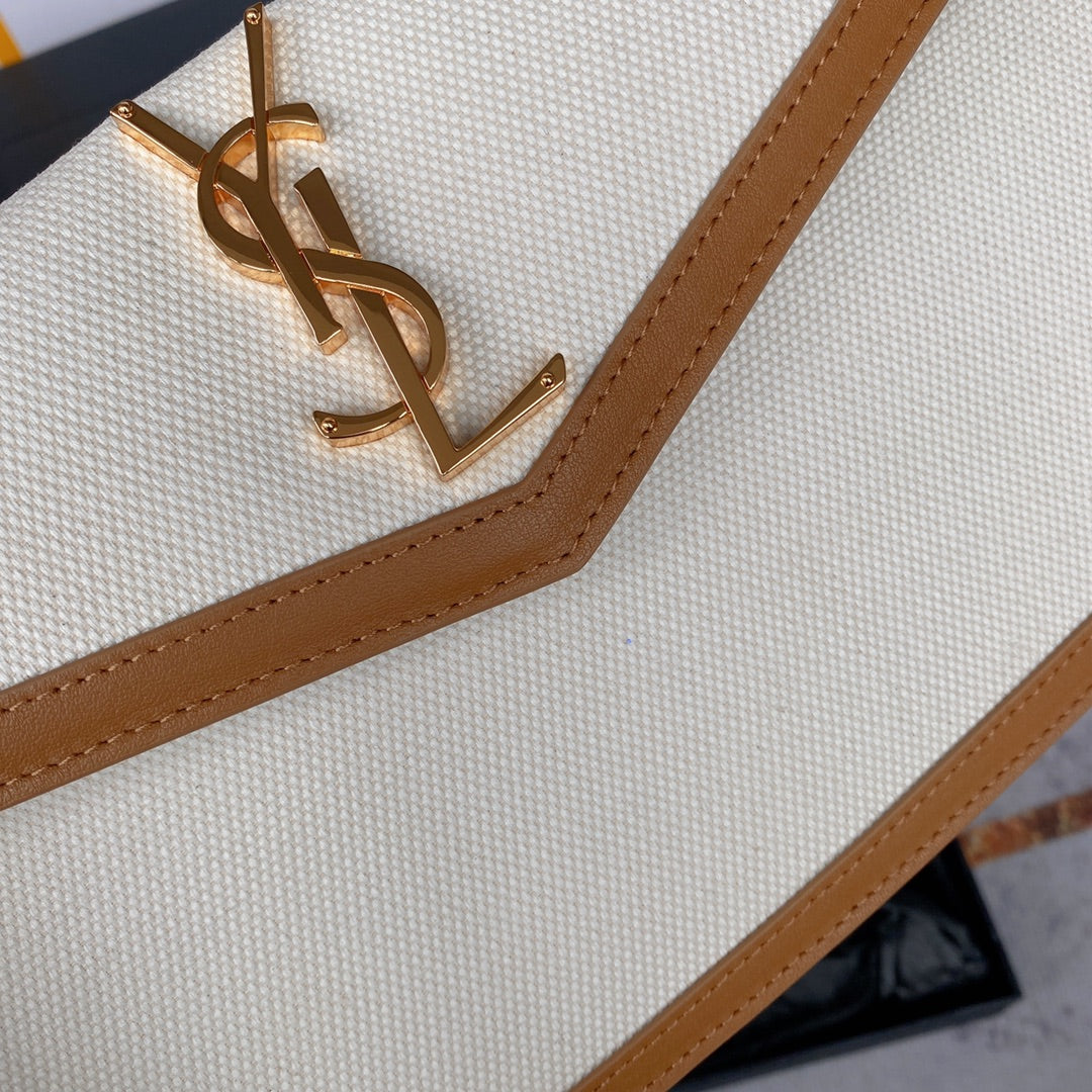 Uptown Pochette 27 EN Toile Blanche ET garniture en Cuir Marron LOGO DORÉ