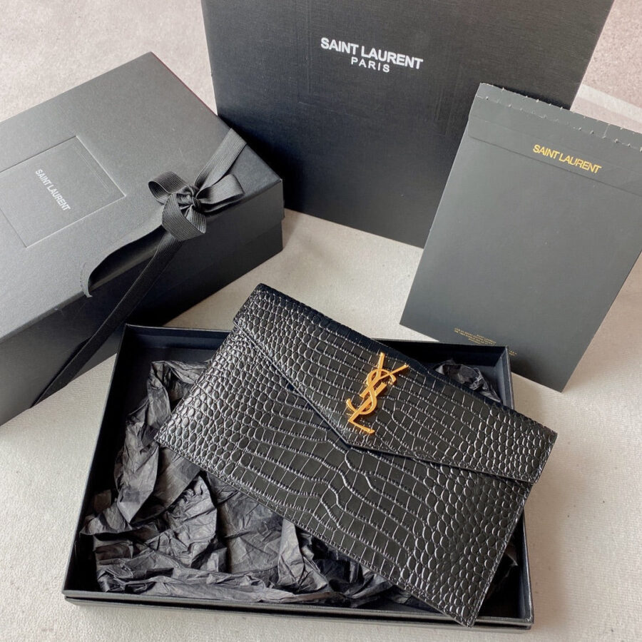 UPTOWN POUCH 27 IN BLACK CROCODILE-EMBOSSED SHINY CALFSKIN GOLD LOGO | Studio Nafay