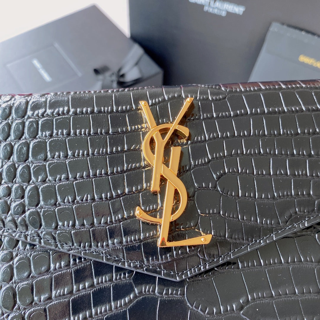 Uptown Pouch 27 IN Black Crocodile-embossed Shiny Calfskin GOLD LOGO