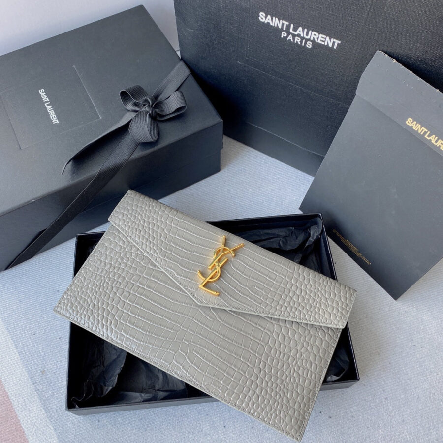 UPTOWN POUCH 27 IN PASTEL GRAY CROCODILE-EMBOSSED SHINY CALFSKIN GOLD LOGO | Studio Nafay