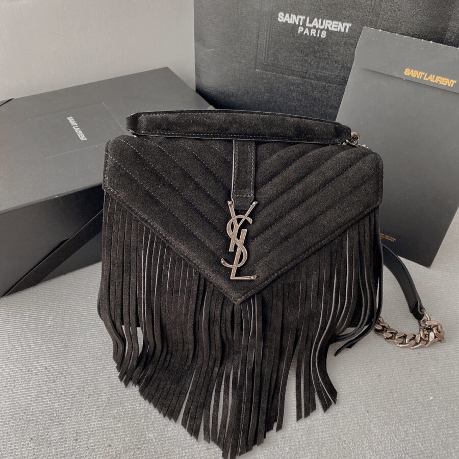 COLLEGE TASSEL 24 IN BLACK SUEDE SILVER HARDWARE | Studio Nafay