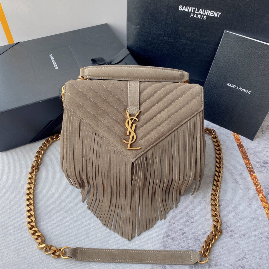 COLLEGE TASSEL 24 IN LIGHT FAWN SUEDE GOLD HARDWARE | Studio Nafay