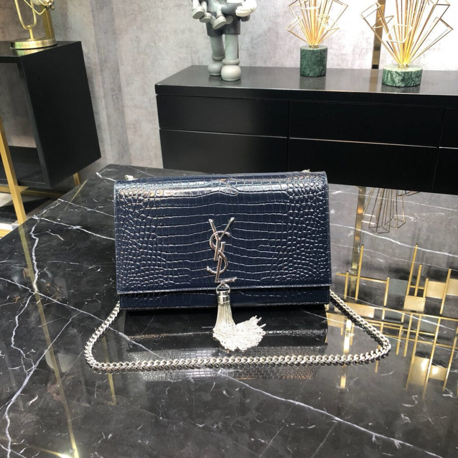 KATE TASSEL 24 IN NAVY BLUE CROCODILE PATTERN CALFSKIN SILVER HARDWARE | Studio Nafay