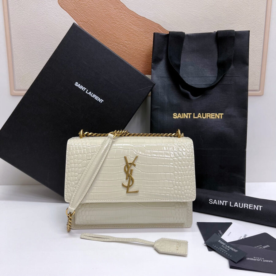 SUNSET MEDIUM 22 IN WHITE CROCODILE PATTERN CALFSKIN GOLD HARDWARE | Studio Nafay
