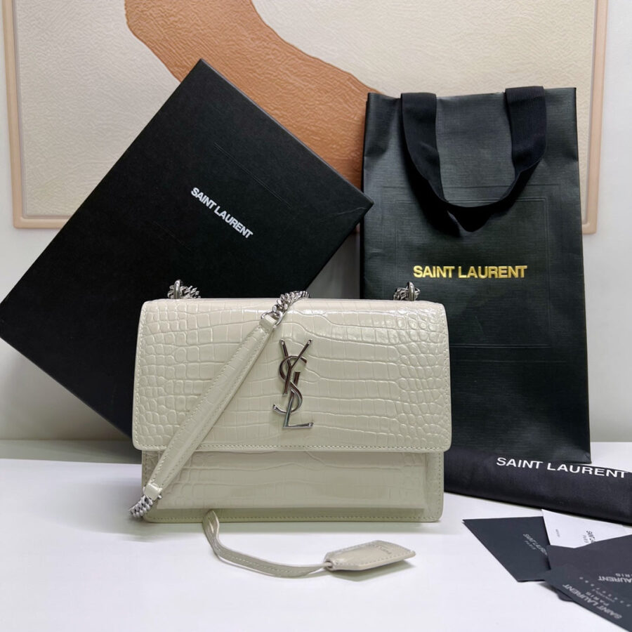 SUNSET MEDIUM 22 IN WHITE CROCODILE PATTERN CALFSKIN SILVER HARDWARE | Studio Nafay