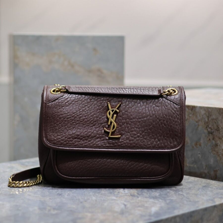 NIKI MEDIUM 28 IN CHESTNUT BROWN ELEPHANT PATTERN LAMBSKIN GOLD HARDWARE | Studio Nafay