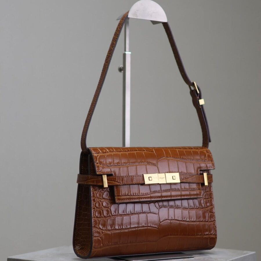 MANHATTAN SMALL 24 IN BROWN CROCODILE PATTERN CALFSKIN GOLD BUCKLE | Studio Nafay