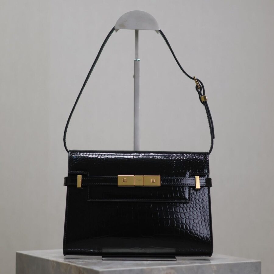 MANHATTAN SMALL 24 IN BLACK CROCODILE PATTERN GLOSSY CALFSKIN GOLD BUCKLE | Studio Nafay