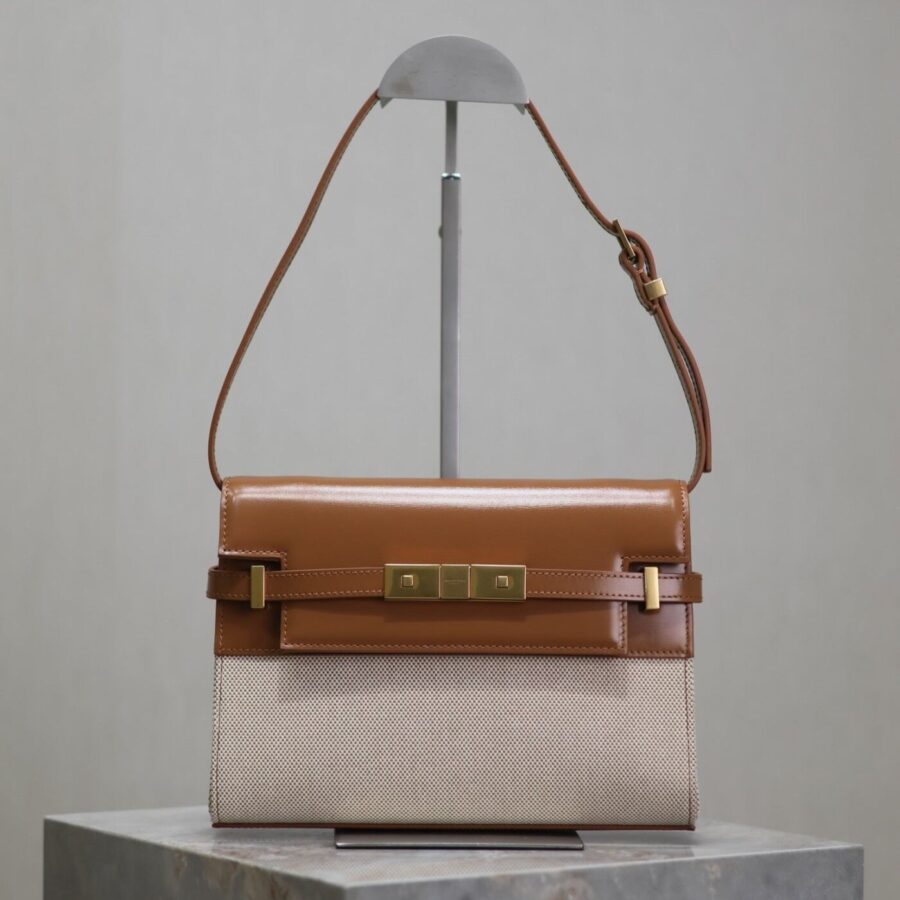 MANHATTAN SMALL 24 IN WHITE CANVAS AND BROWN CALFSKIN GOLD HARDWARE | Studio Nafay
