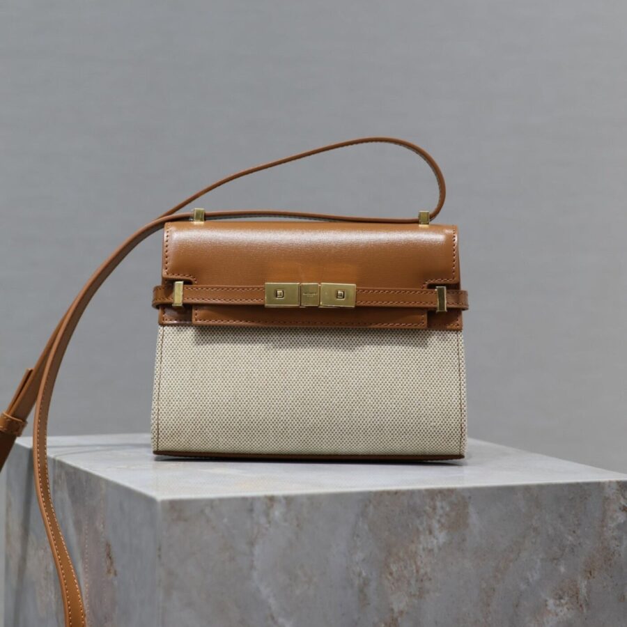 MANHATTAN MINI 19 IN WHITE CANVAS AND BROWN LAMBSKIN GOLD BUCKLE | Studio Nafay
