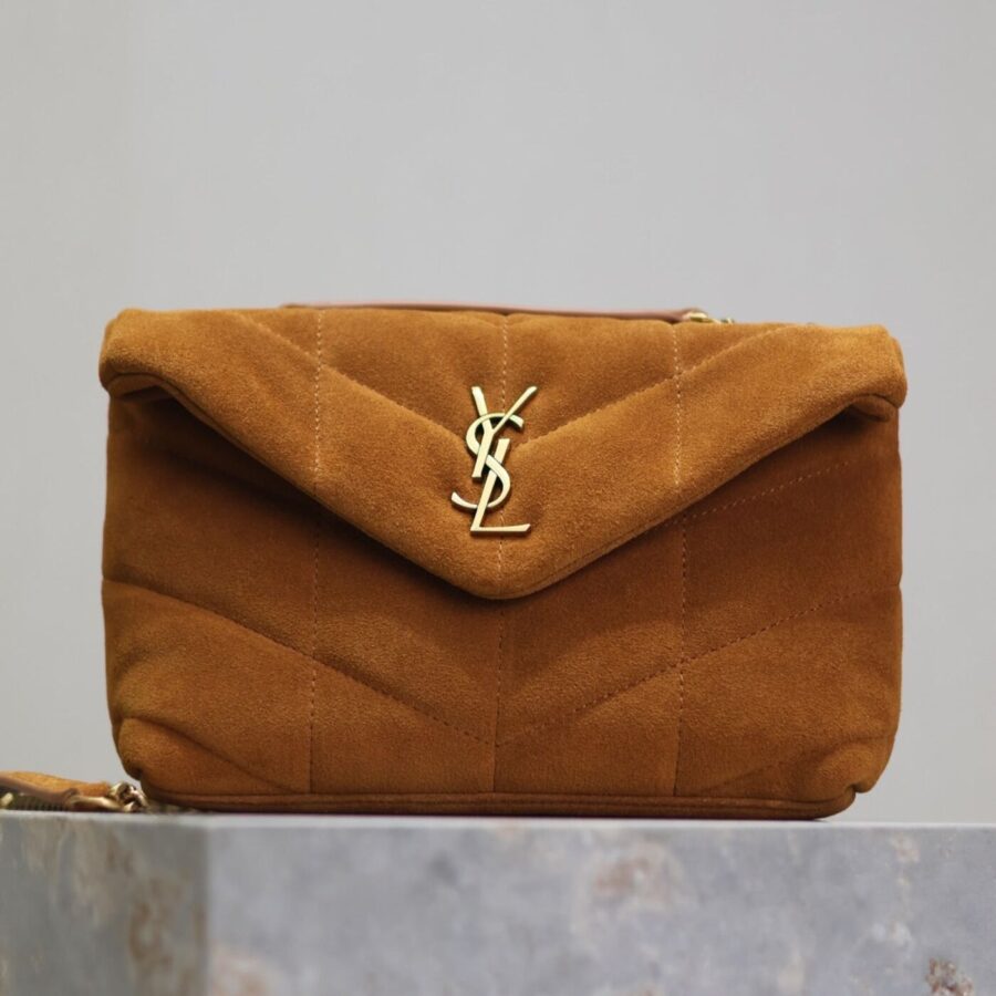 PUFFER TOY 23 IN BRONZE BROWN SUEDE GOLD HARDWARE | Studio Nafay