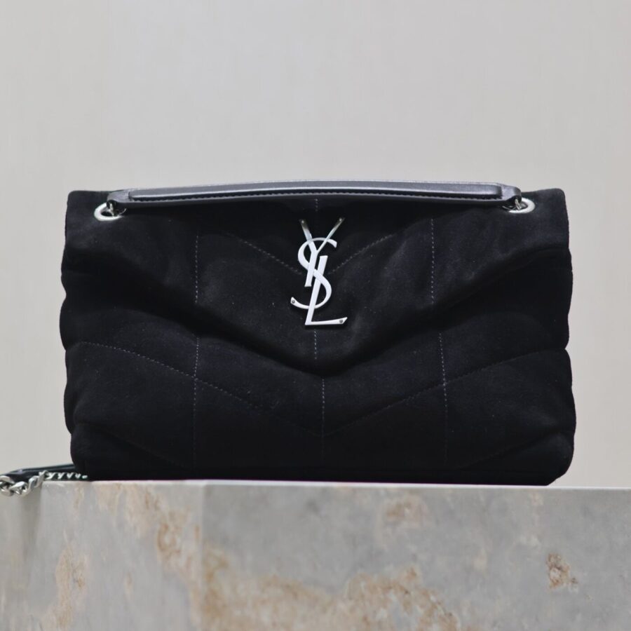 PUFFER SMALL 29 IN BLACK SUEDE SILVER HARDWARE | Studio Nafay