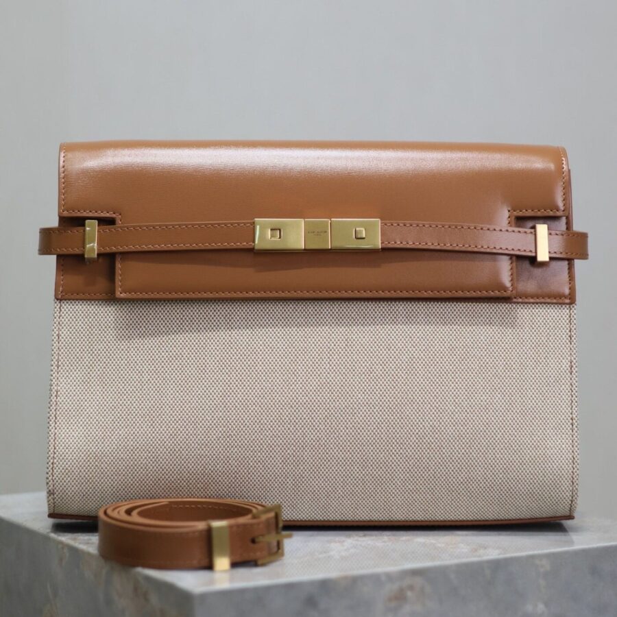 MANHATTAN MEDIUM 29 IN WHITE CANVAS AND BROWN CALFSKIN GOLD BUCKLE | Studio Nafay