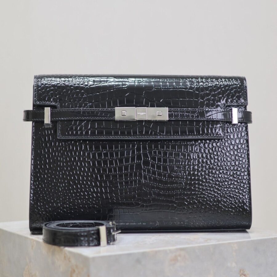 MANHATTAN MEDIUM 29 IN BLACK CROCODILE-EMBOSSED CALFSKIN SILVER BUCKLE | Studio Nafay