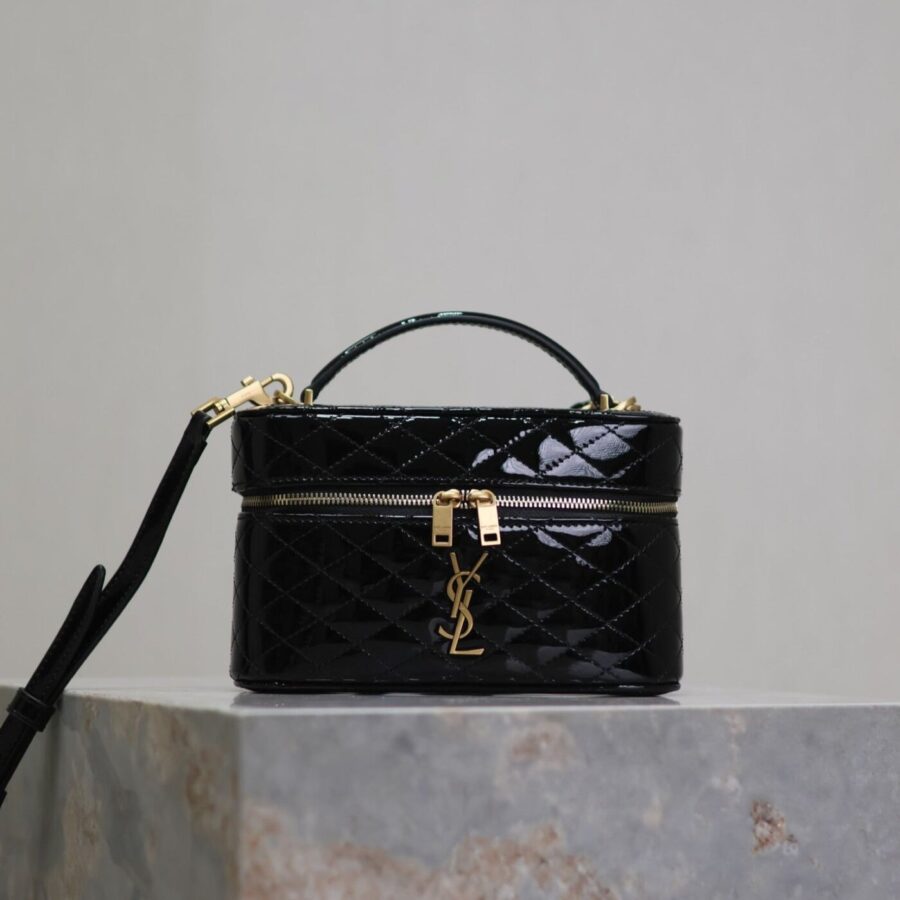 GABY MINI VANITY 18 IN BLACK GLOSSY LAMBSKIN GOLD HARDWARE | Studio Nafay