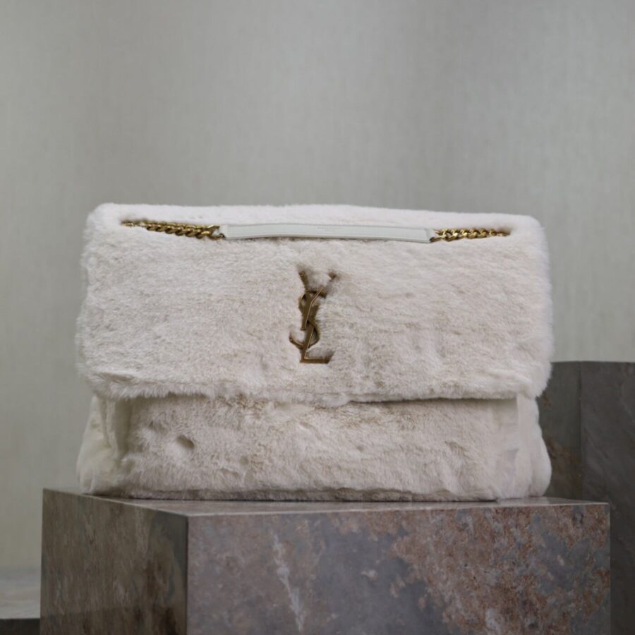 NIKI 47 IN WHITE RABBIT FUR GOLD HARDWARE | Studio Nafay