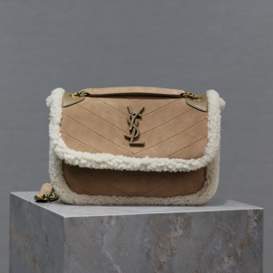NIKI SMALL 22 IN CAMEL SUEDE AND WHITE SHEARLING | Studio Nafay