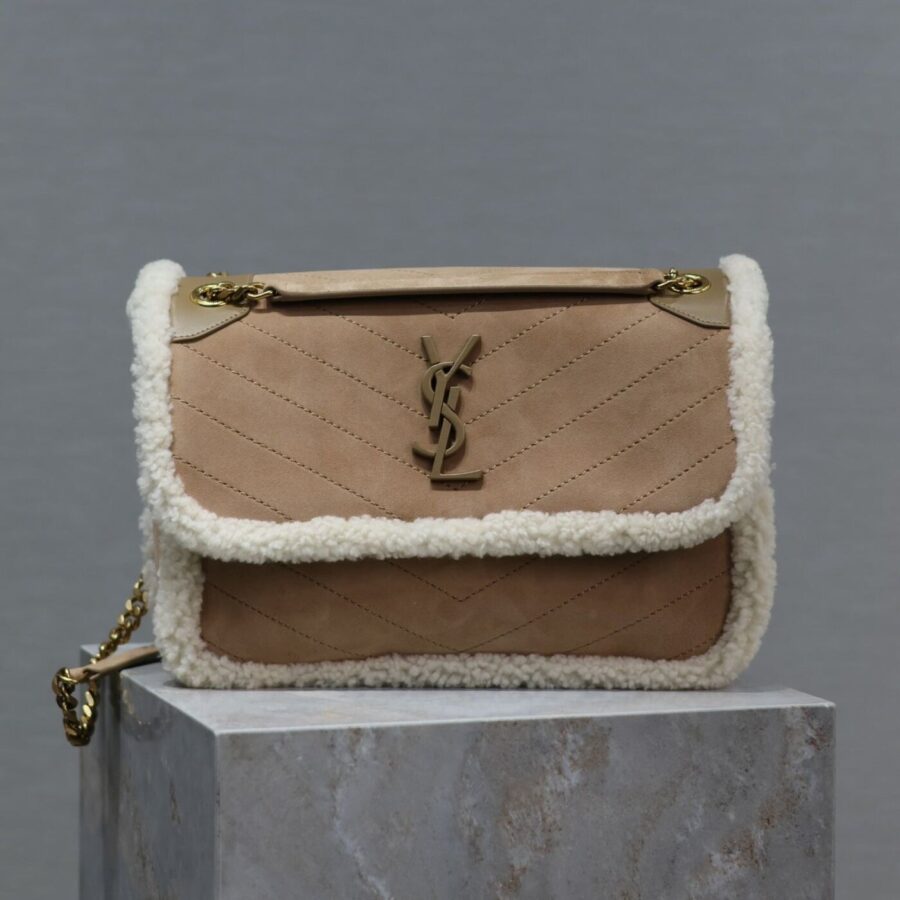 NIKI MEDIUM 28 IN CAMEL SUEDE AND WHITE SHEARLING | Studio Nafay