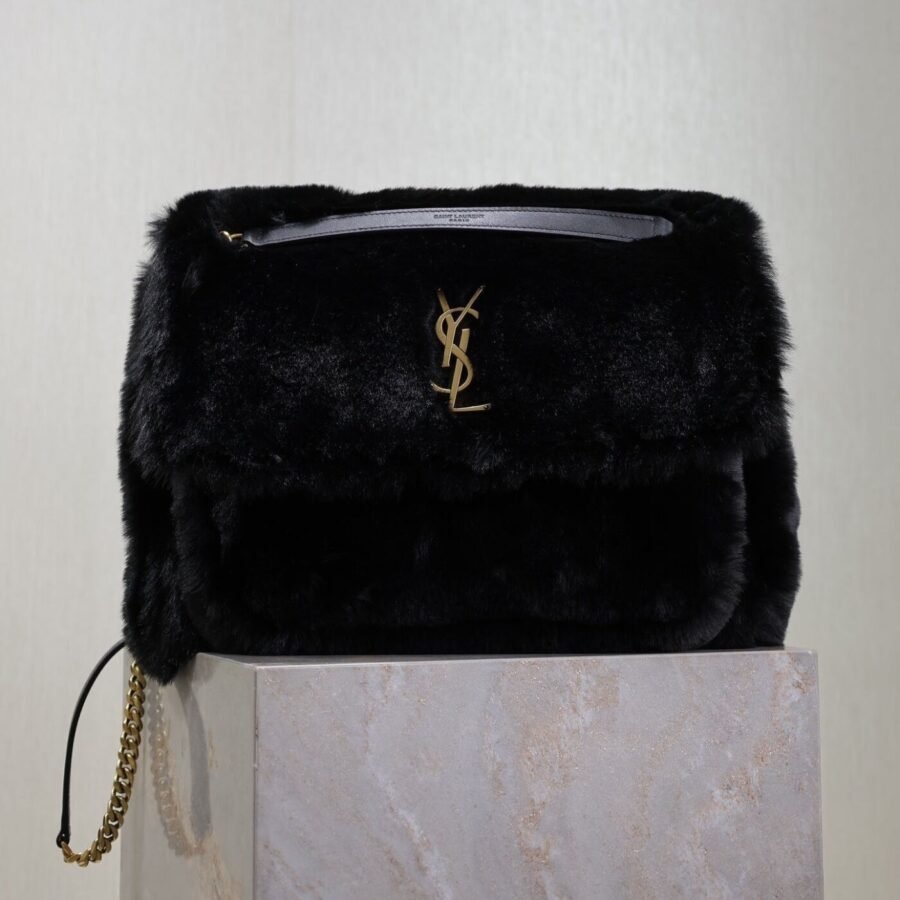 NIKI LARGE 32 IN BLACK RABBIT FUR GOLD HARDWARE | Studio Nafay