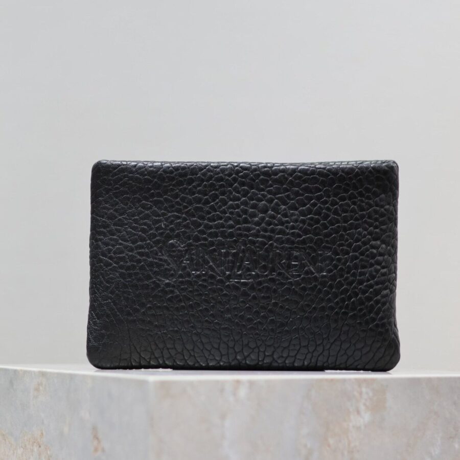 POUCH WITH ELEPHANT TEXTURE 23 IN BLACK LAMBSKIN LOGO EMBOSSED | Studio Nafay