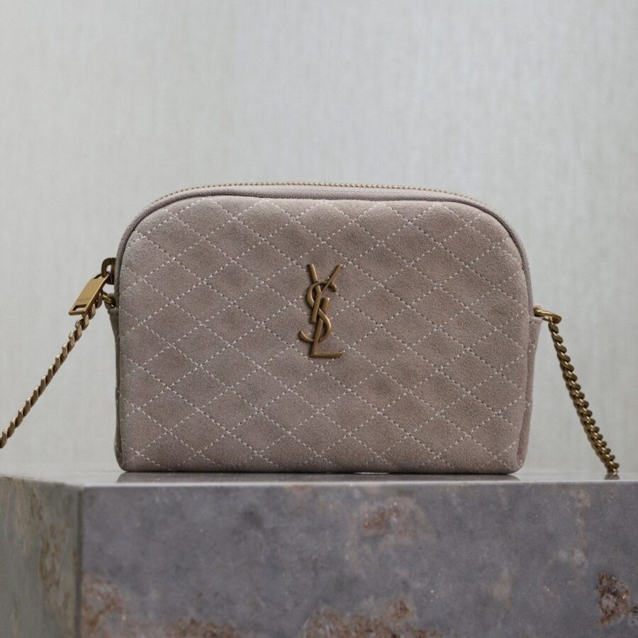 GABY ZIPPED POUCH 19 IN GRAY MATTE SUEDE GOLD HARDWARE | Studio Nafay
