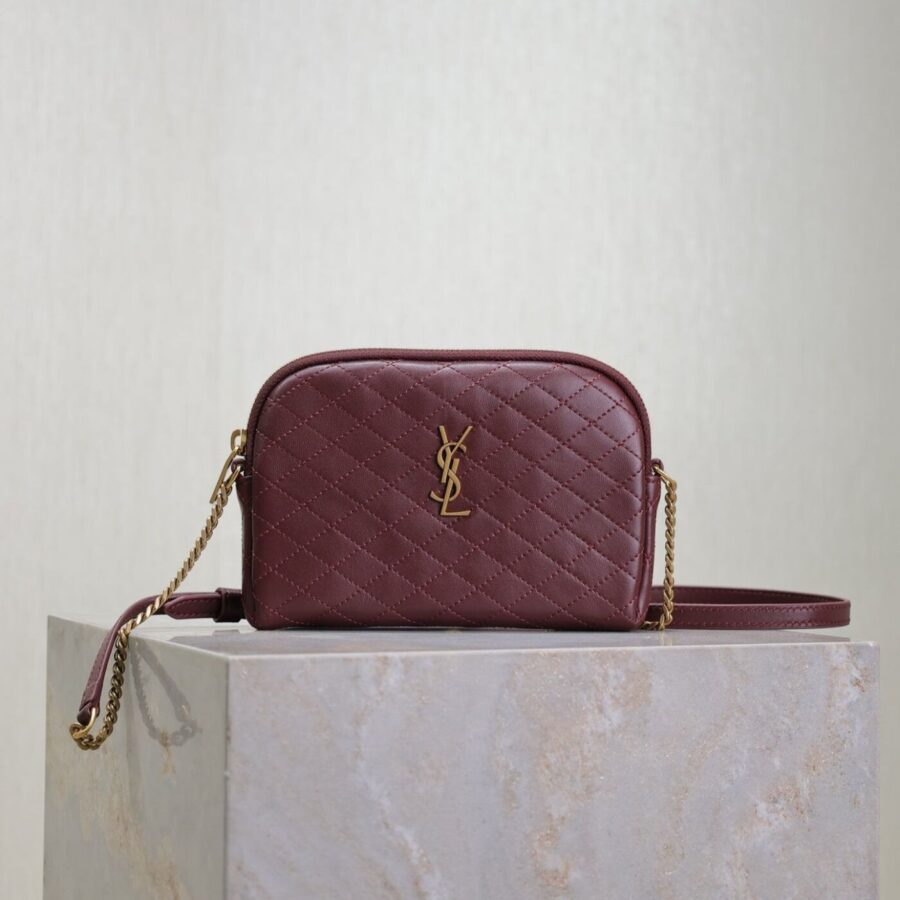 GABY ZIPPED POUCH 19 IN WINE RED QUILTED LAMBSKIN GOLD HARDWARE | Studio Nafay